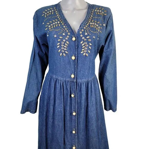 Vintage 90s Denim Midi Dress Women Medium Teacher Embellished Rhinestone 8 10 M - Picture 2 of 16